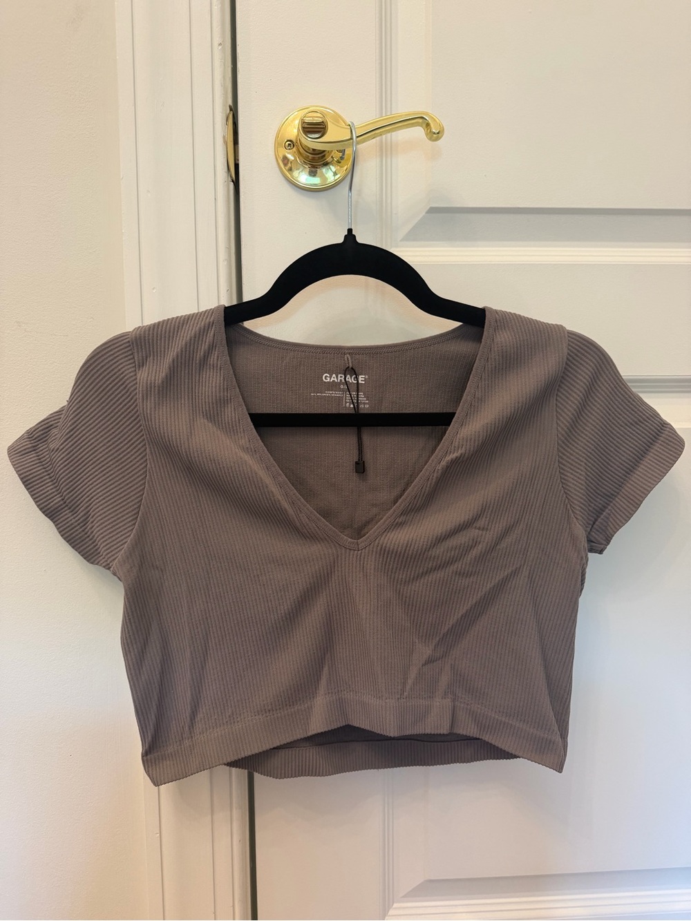 Garage Ribbed V-Neck Cropped Top - Taupe Gray